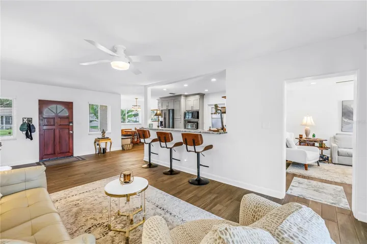 Living room open to kitchen area