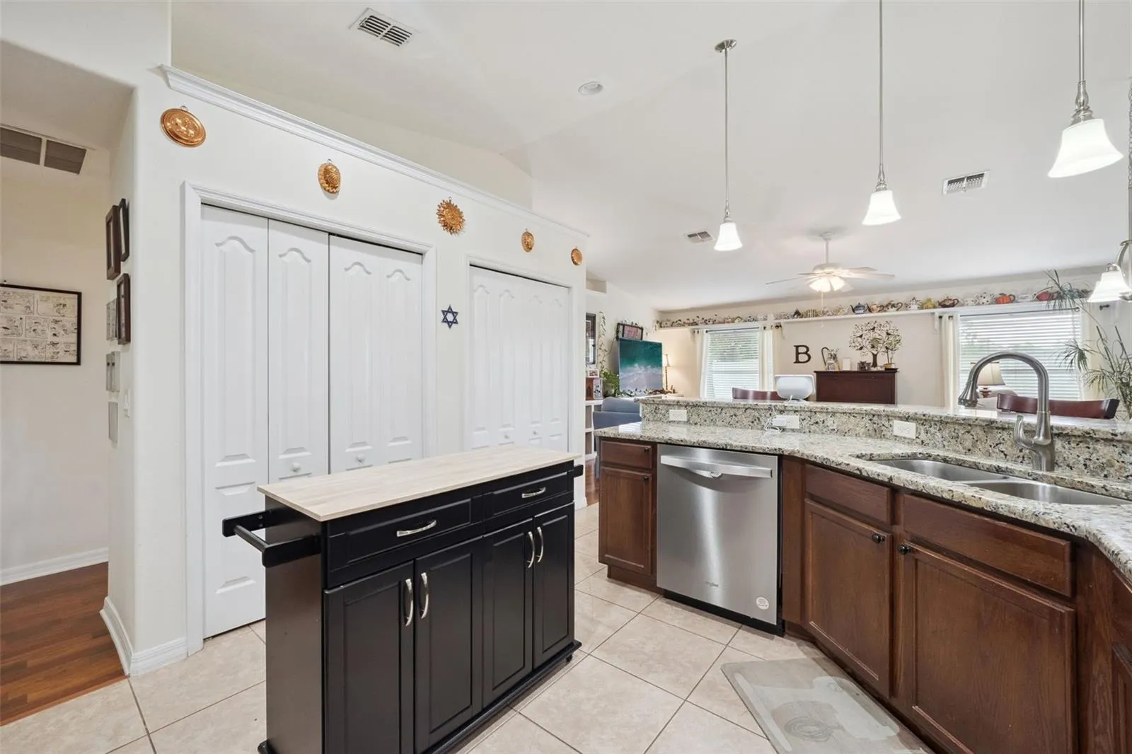 Kitchen toward Dual Pantry Closets