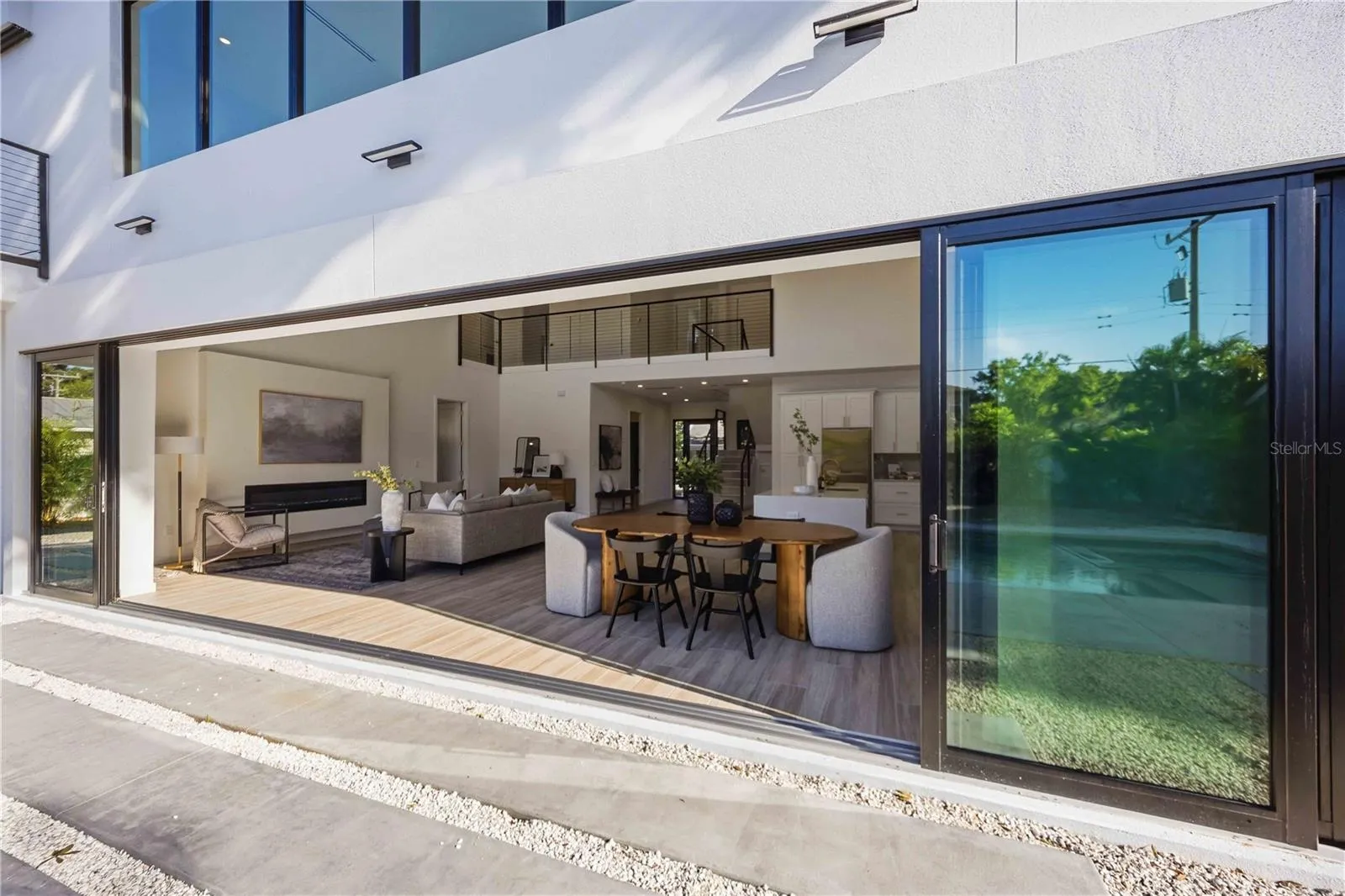 Clear span view to pool from living area