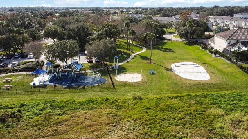 Aerial View of playground and volleyball court.