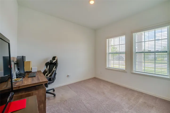 Bright bedroom featuring soft neutral carpeting and crisp white walls. Two large windows with horizontal blinds fill the space with abundant natural light.