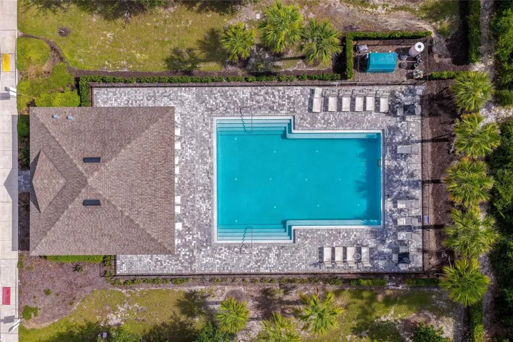 Overhead view of the pristine community pool area, featuring a large swimming pool, a spacious brick-paver sun deck, and tropical palm tree landscaping.