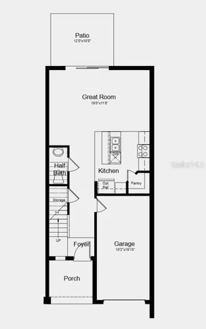 First Floor Plan - Additional Highlights Include: GE refrigerator, laundry appliance package, extended tile flooring on the 1st floor, upgraded cabinets, upgraded carpet, and window blinds throughout the whole house