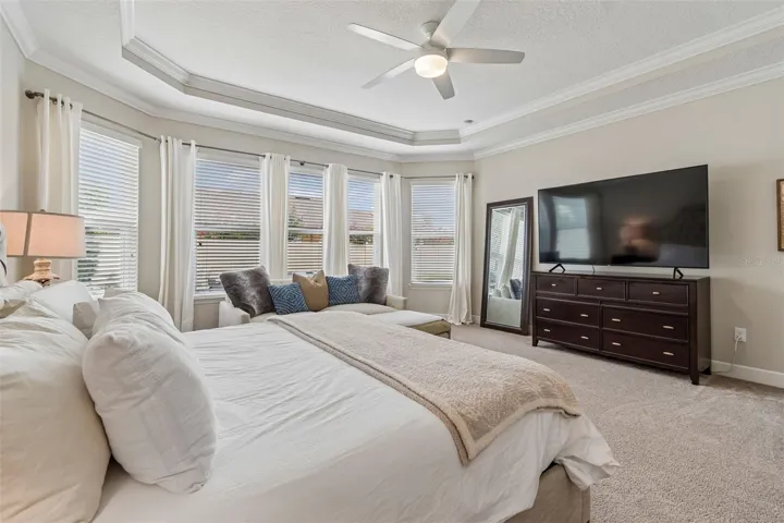 Primary Bedroom with Trey Ceilings and crown molding
