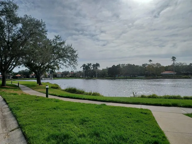 The property overlooks the lake in the center of the development
