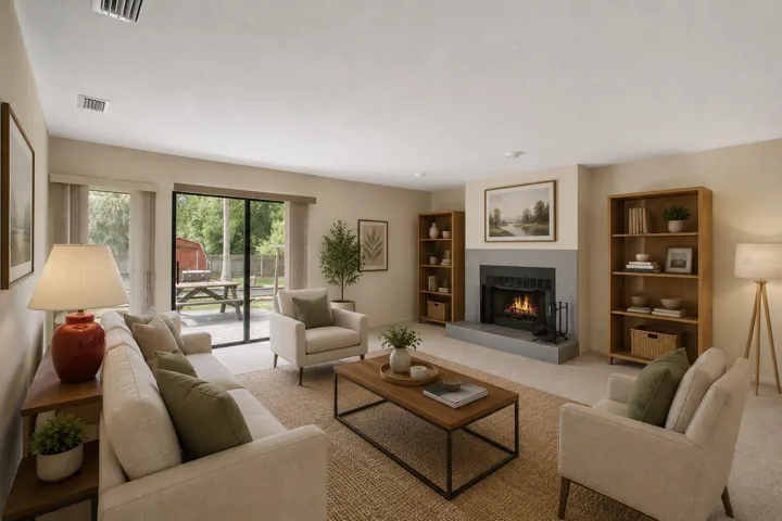 Family room with fireplace and pool patio- staged