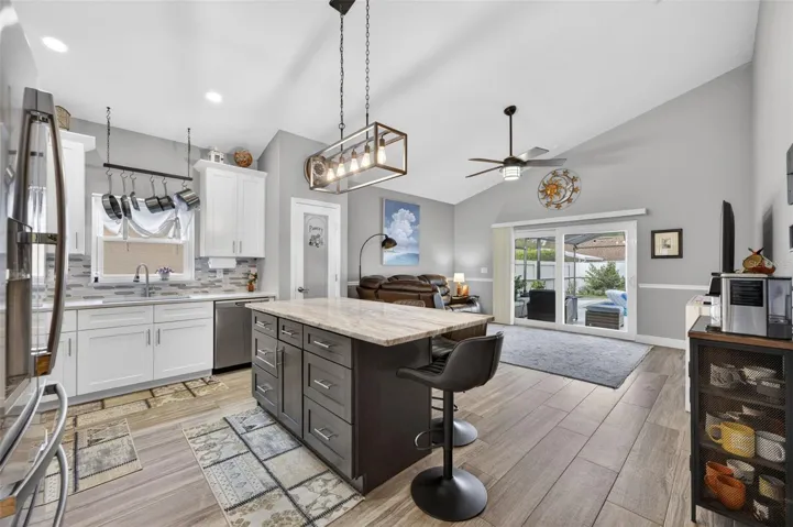 The updated kitchen with family room