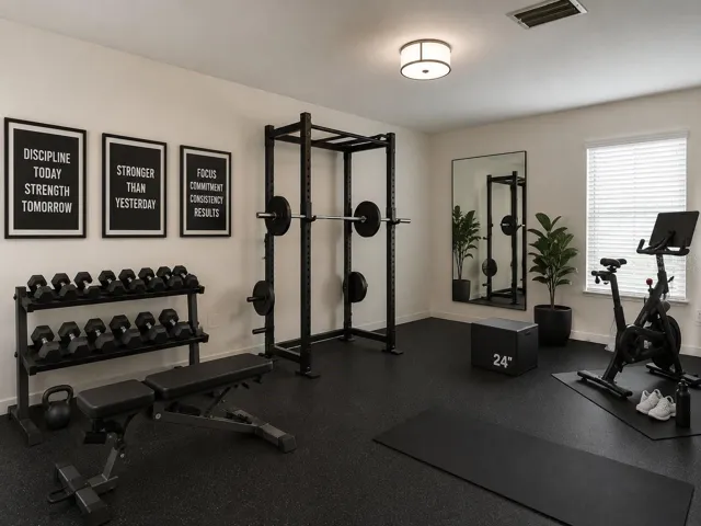 VIRTUALLY STAGED Flex space as weight room
