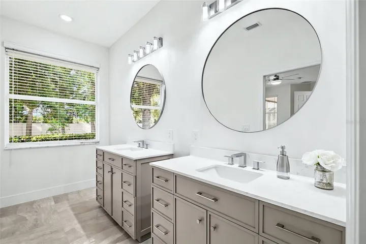 Primary bathroom has been totally remodeled and is gorgeous!  Great cabinet space too!