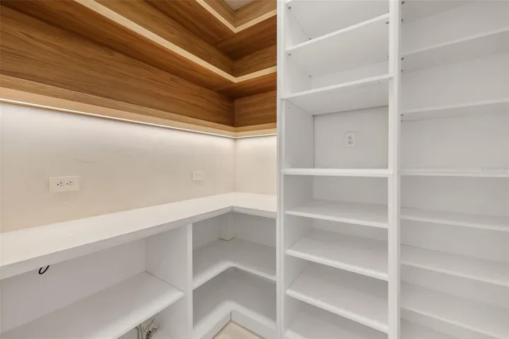 Hidden pantry with custom shelves and lighting