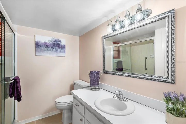 PRIMARY BATHROOM HAS PLENTY OF CABINET AND COUNTER SPACE