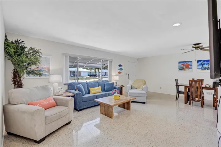 The marbled terrazzo shines with durability throughout