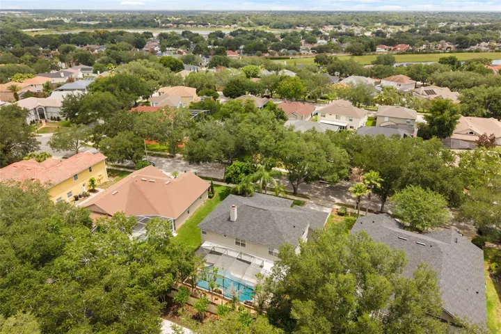 Aerial view of the property and the community