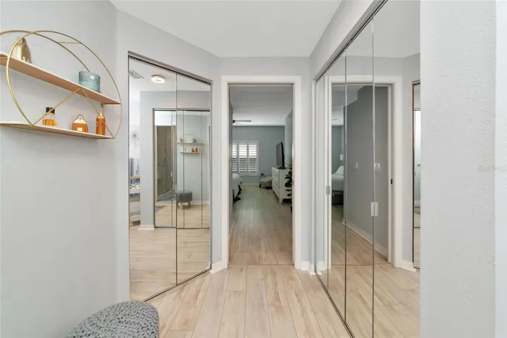 Closets have mirror doors.