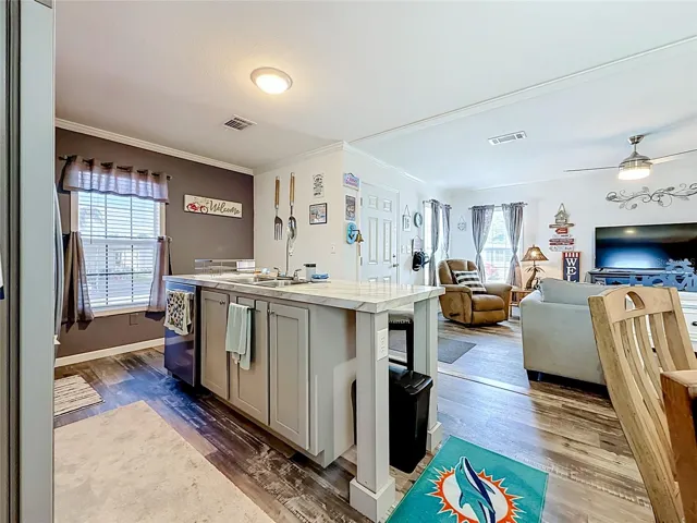 KITCHEN VIEW INTO LIVING AREA