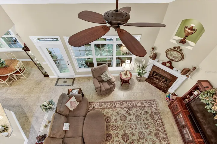 looking down into living and to the left is the breakfast area