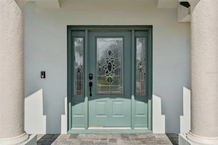 Decorative Glass Door detail with smart lock.