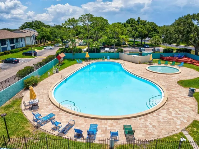 Aerial view of playground and pool