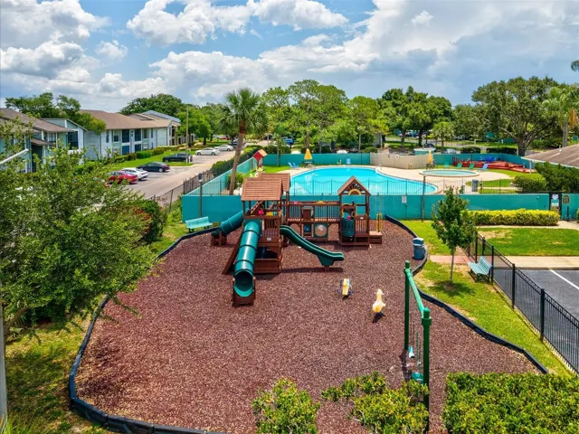 Aerial view of playground and pool