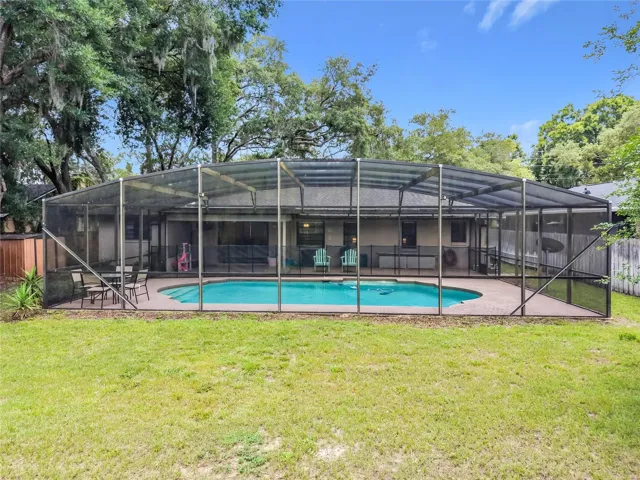 Back yard view of the pool area.