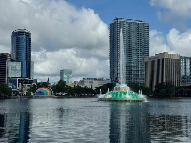 View from across lake to building