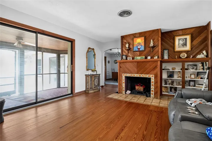 Living room with a view and a fireplace