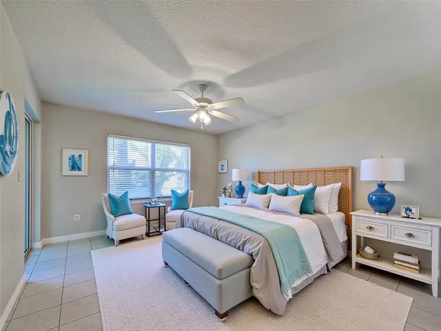 Primary bedroom, staged