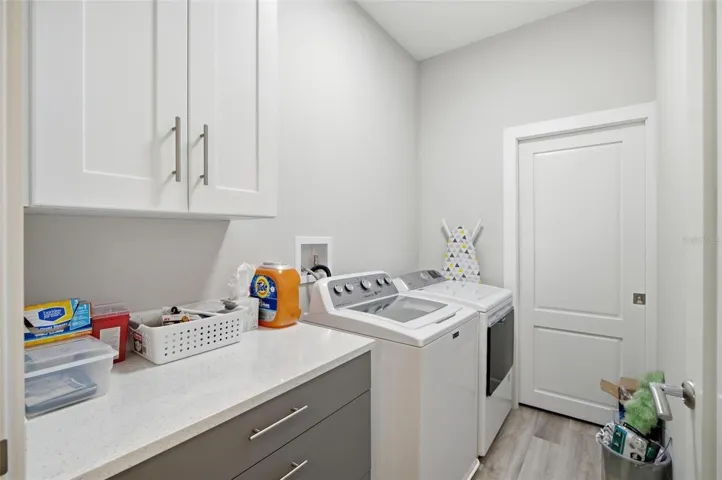 Laundry with folding area, vanity storage and overhead cabinet