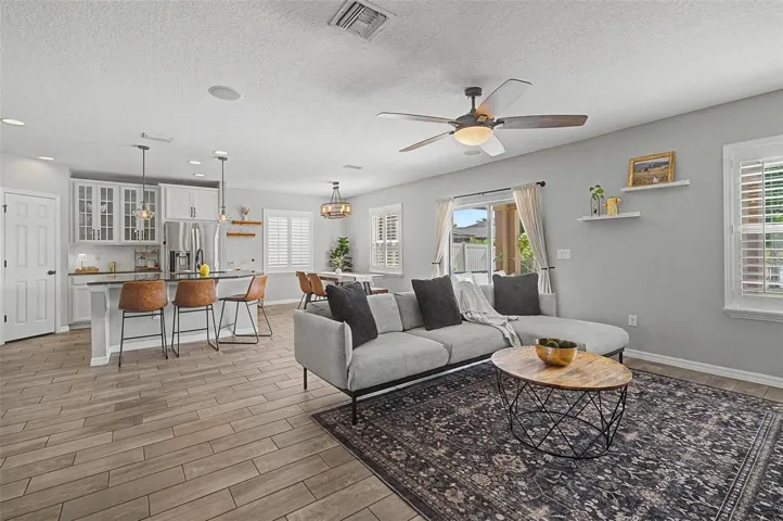 Family room view to kitchen