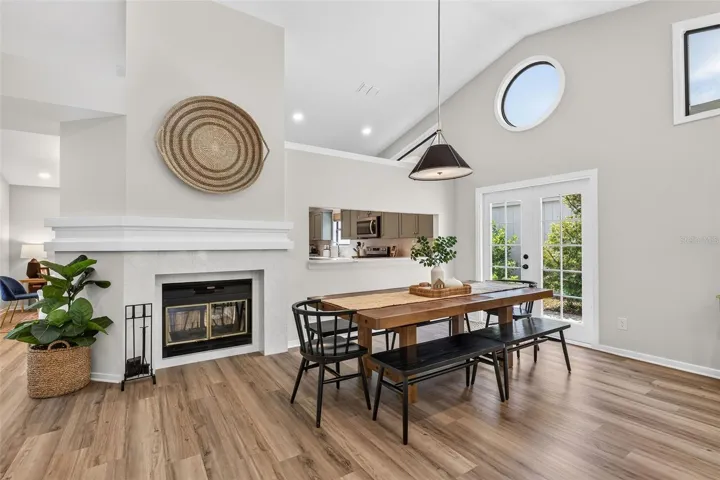 Dining with fireplace
