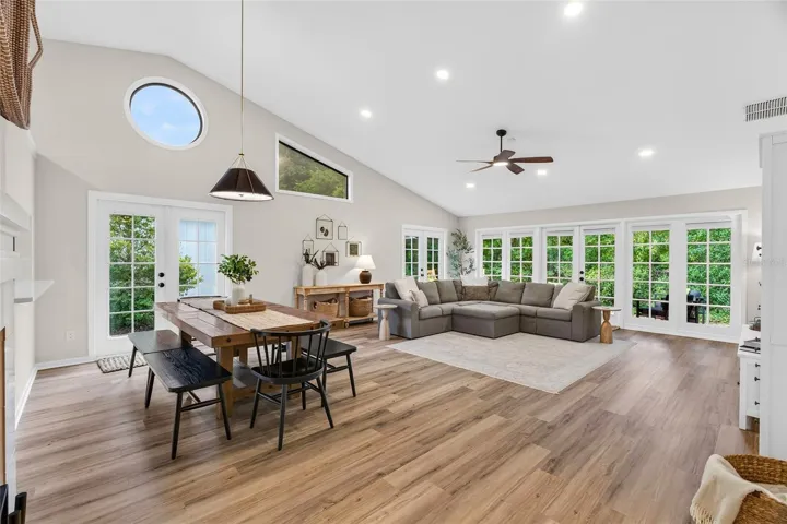 Great Room with vaulted ceilings & clerestory windows
