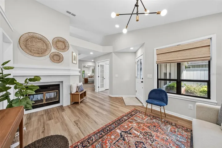 Living with one side of double fireplace