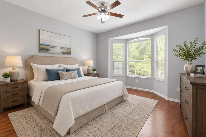 Virtually Staged-Primary Suite #1 features bay windows and walk in closet
