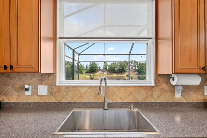 New sink, touchless faucet and gorgeous pond with trees behind your home