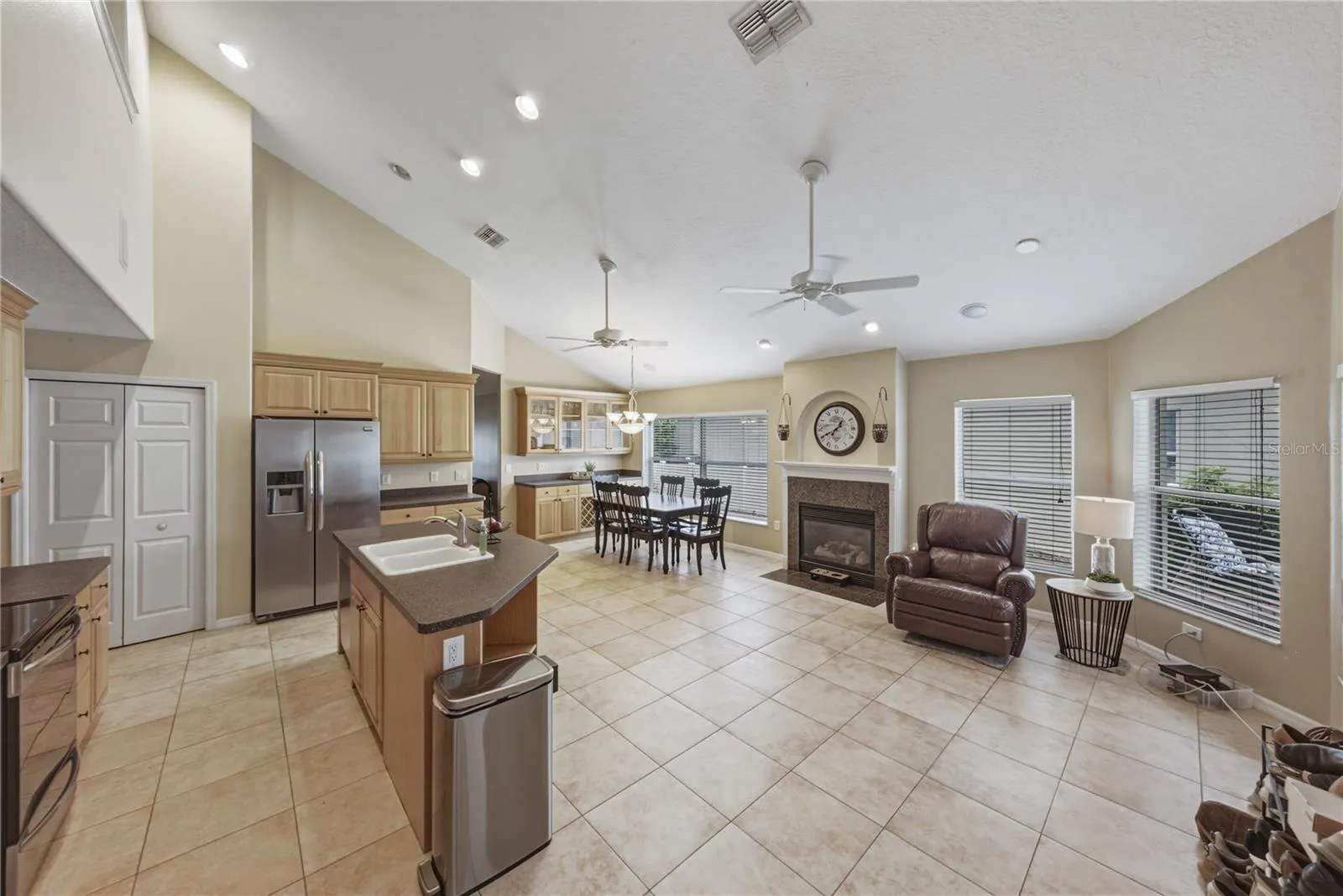 Family, kitchen and dining room combo