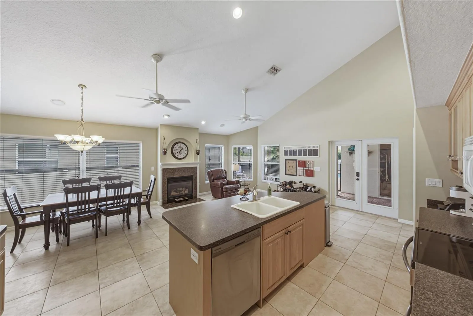 Family, kitchen and dining room combo