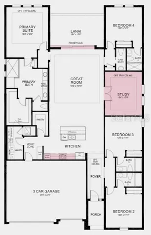 Floor Plan - Additional Highlights Include: tray ceiling package, laundry tub, door from primary bath to laundry room, and whole house blinds