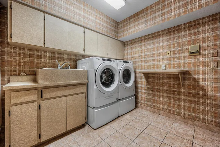 Large Laundry room downstairs with storage and closet.