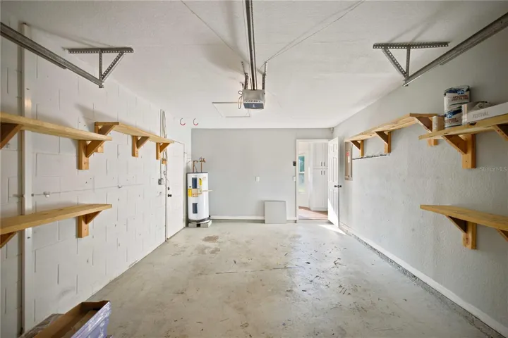Garage with built in storage shelves