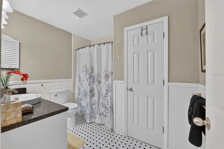 HALL BATH WITH VINTAGE STYLE FLOORING