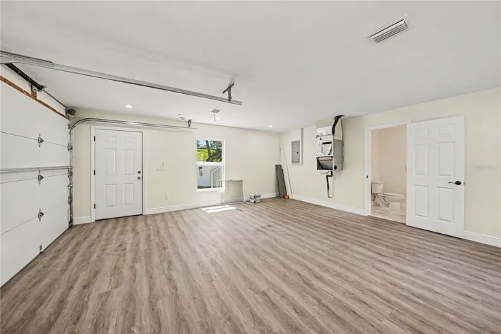 Garage and bathroom view.
