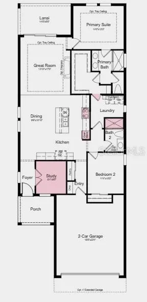 Floor Plan~ Additional Highlights Include: Quartz countertops, tray ceiling package, shower in lieu of tub in secondary bath, study in lieu of flex room, and laundry room door to primary closet.