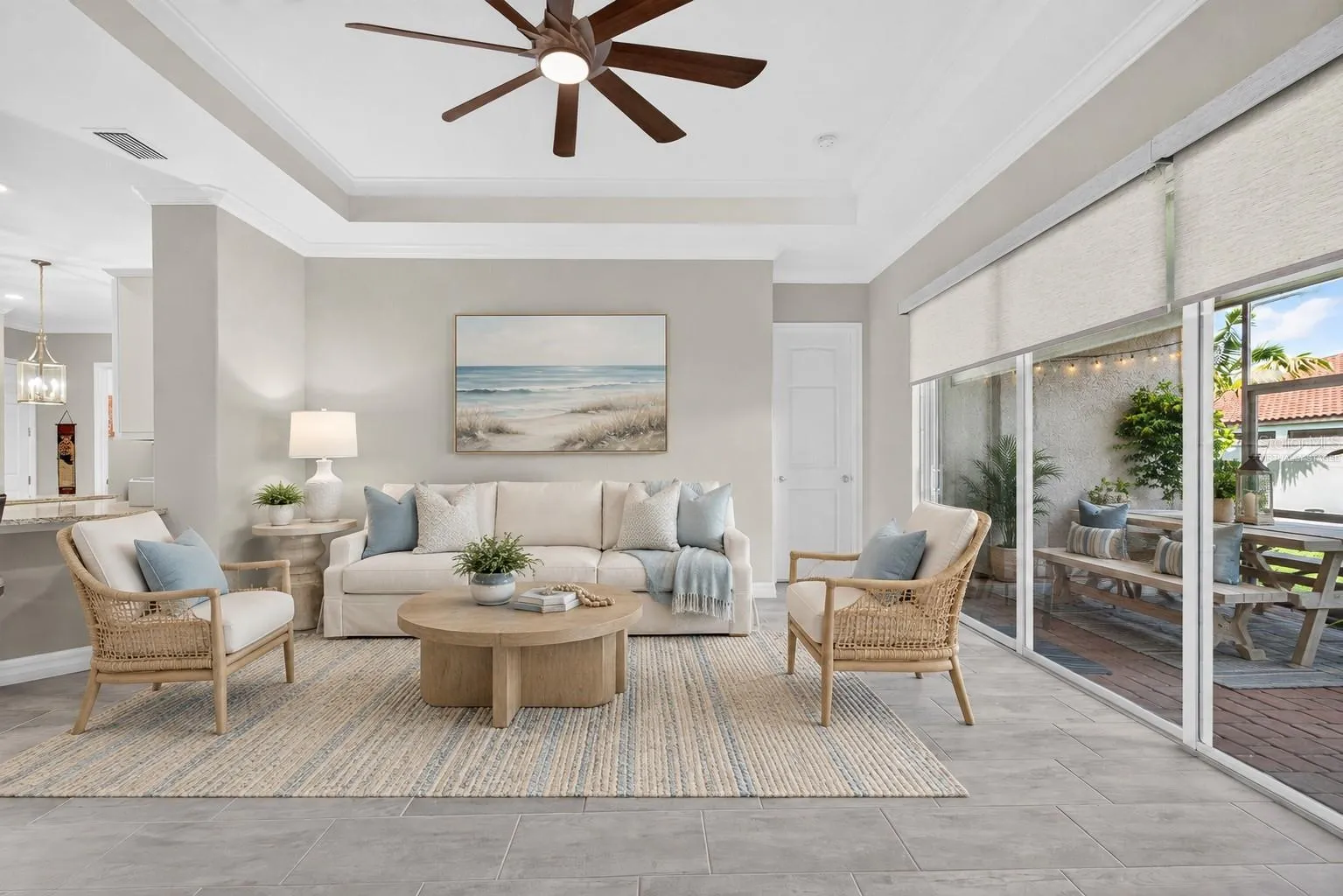 Virtually Staged Great Room, Tray Ceiling 10ft, Tile Floors Throughout