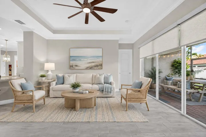 Virtually Staged Great Room, Tray Ceiling 10ft, Tile Floors Throughout