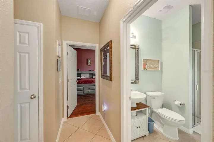 Across the hall from the laundry & garage; to the side of bedroom 1