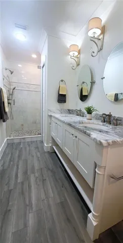 Or big step-in shower with multiple shower heads and sprays. BIG closet for towels and bath necessities