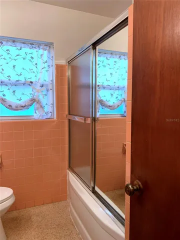 Tub/shower combo. That window goes out to the back yard and the glass is frosted for privacy.
