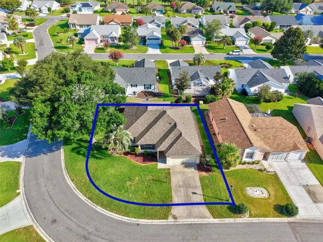 Aerial Front Elevation with Property Lines and Large Corner Lot with ROOM FOR A POOL!