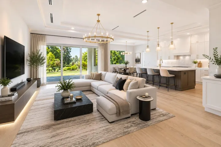 Virtually staged.Living Room / Kitchen / Dining area.