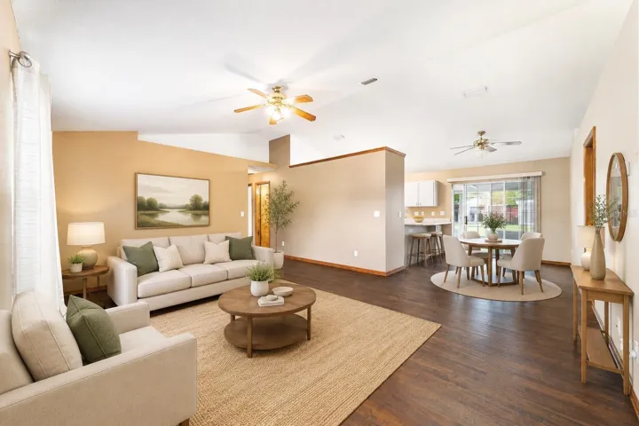 Digitally staged living room and dining room